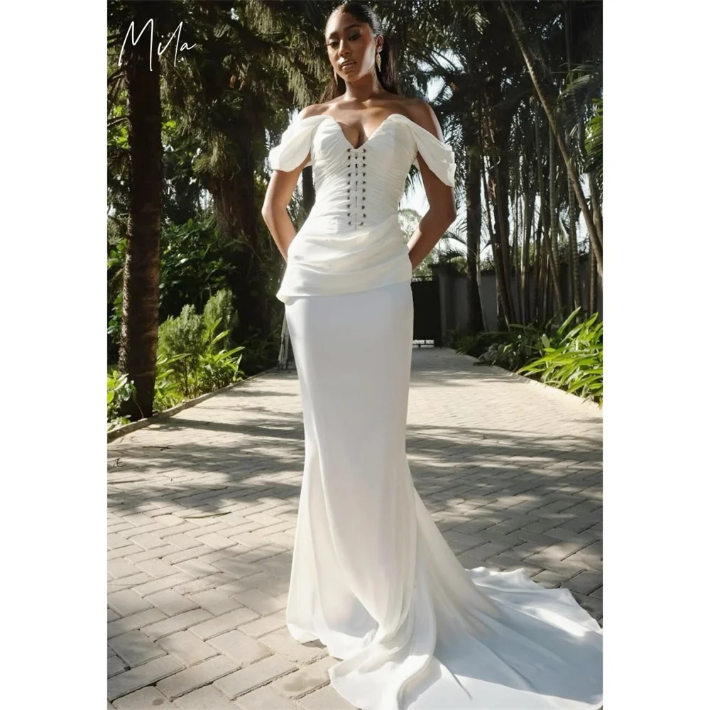 

Mila White Off Shoulder Wedding Party Dresses Customized Elegant Mermaid Evening Dresses Court Train Stain vestidos de fiesta