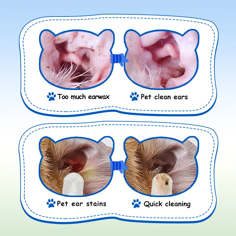 مناديل مبللة قطنية لتنظيف أذن الحيوانات الأليفة تزيل عث أذن القطط، وتخفف الحكة، وتمنع البكتيريا، وبقع المسيل للدموع في القطط والكلاب. وسادات قطنية للأذن