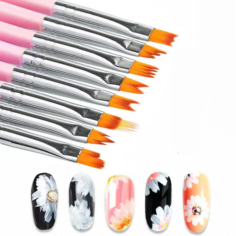 8-sets Nail Art bloempennen set roze en wit patroon bloemblaadje gekarteld Nail Art Tools Kit voor DIY manicure schoonheid