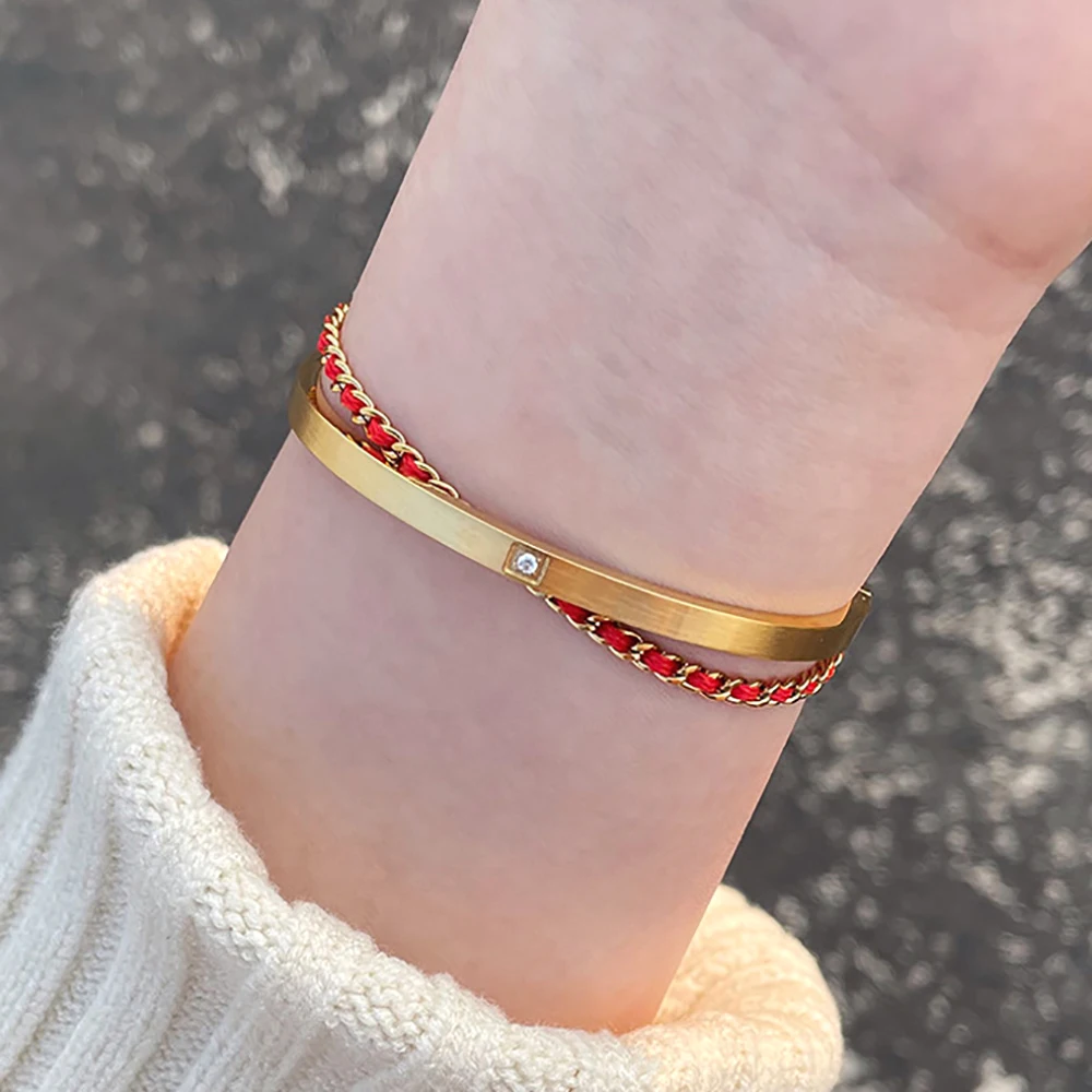 ماتي نحى مطلية بالذهب التيتانيوم الصلب الزركون مطعمة سوار مفتوح مع سلسلة حبل ملونة اليدوية الطبقات مجوهرات للنساء