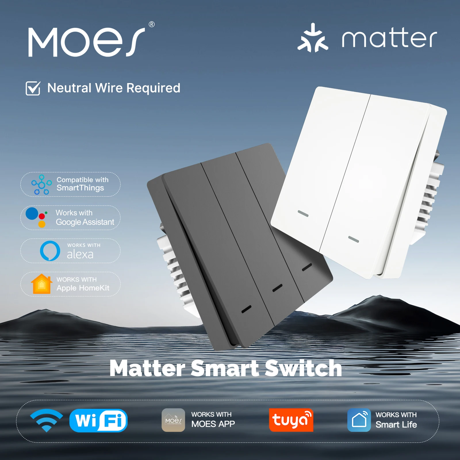 MOES Smart Light Switch EU WiFi Tuya Matter, Works with Alexa Google Apple HomeKit SmartThings, App Voice Remote Control