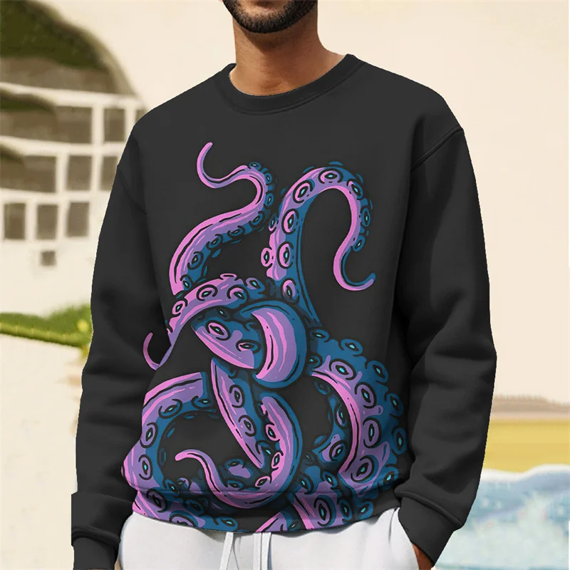 Tentacle Pattern Hoodie For Men Sea Animal 3D Printed Pullover Autumn Street Long Sleeve Loose Sweatshirt Round Neck Hoodies Top