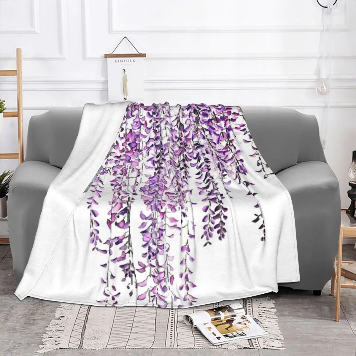 Hand Painted Purple Wisteria In Bloom Quilt Bedroom Throw Blanket Winter Warm Blanket Throw Blanket