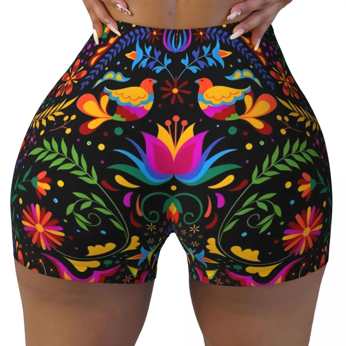 Custom Mexican Flowers Otomi And Birds Volleyball Biker Gym Shorts Women Athletic Workout Yoga Shorts