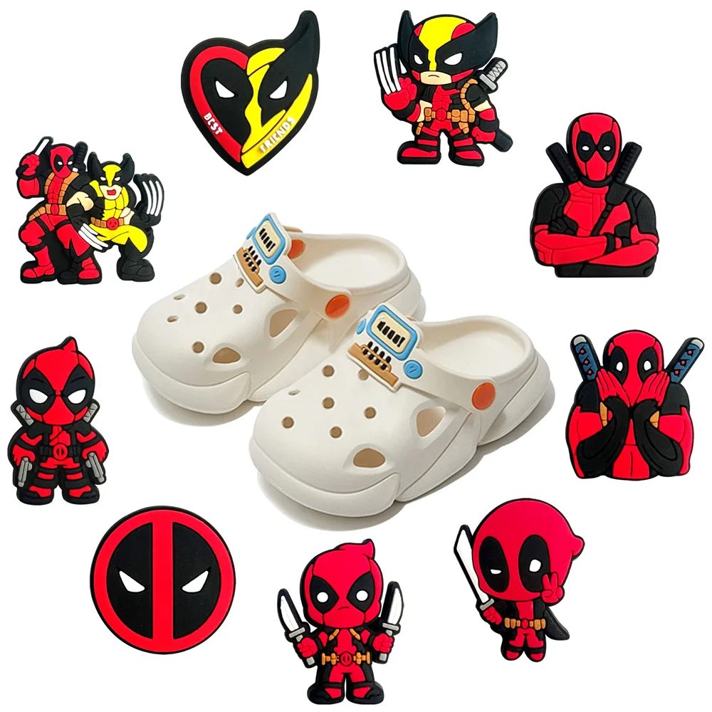 รองเท้าแตะ Marvel Deadpool 9ชิ้น/เซ็ต, อุปกรณ์ตกแต่ง aksesoris sepatu การ์ตูน DIY รองเท้าแตะอุดตันแบบคลาสสิกหัวเข็มขัดรองเท้าสวนของขวัญสำหรับเด็ก