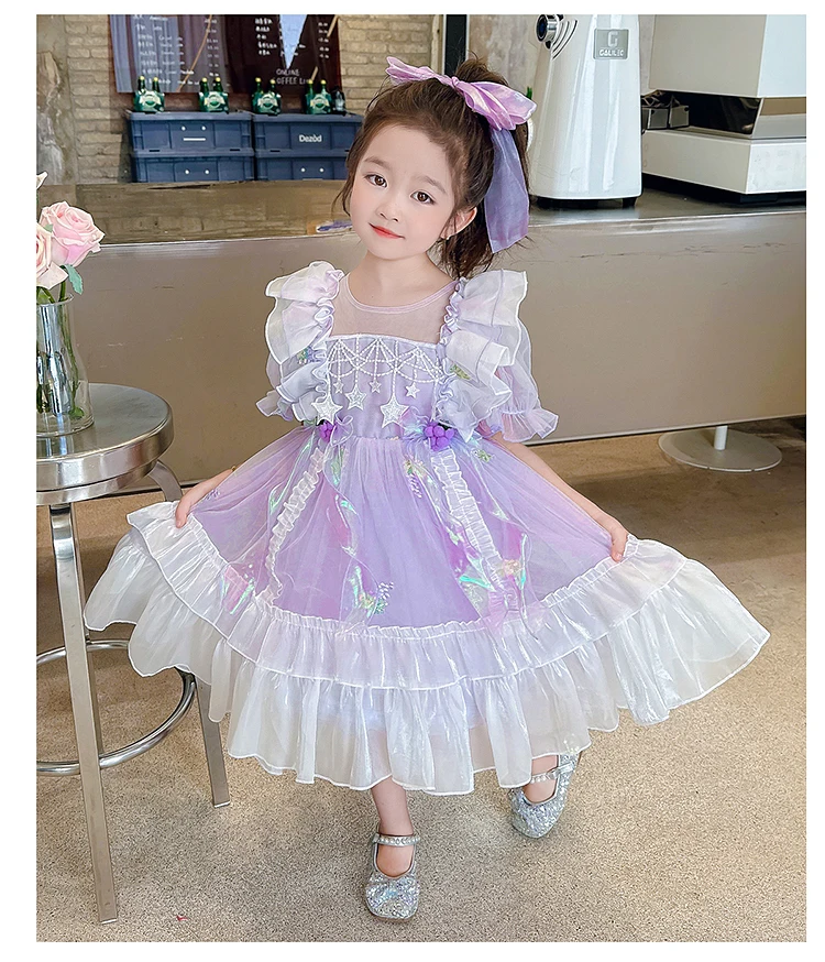 Children\'s birthday party dress summer strap bow bubble sleeve girl\'s cake dress princess dress children\'s daily clothing