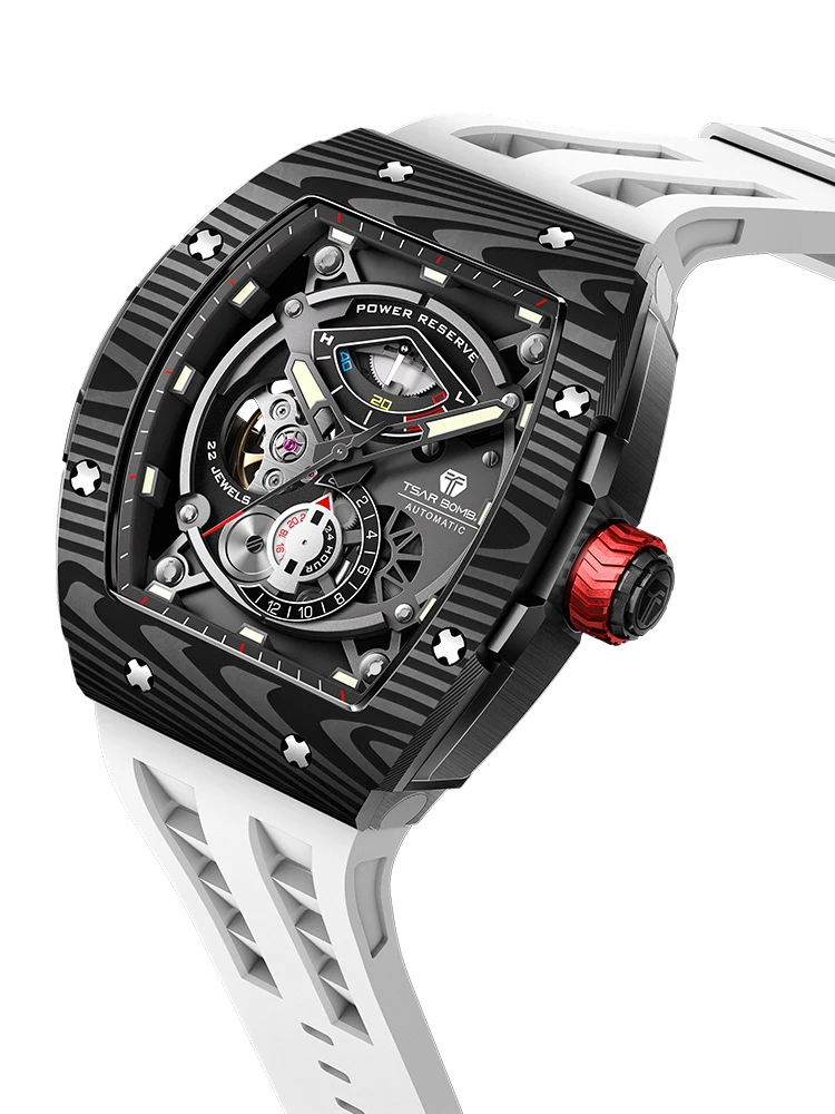 ساعات تسار بومبا للرجال من ألياف الكربون ساعة يد ميكانيكية أوتوماتيكية من زجاج الياقوت مقاومة للماء هدية للرجال
