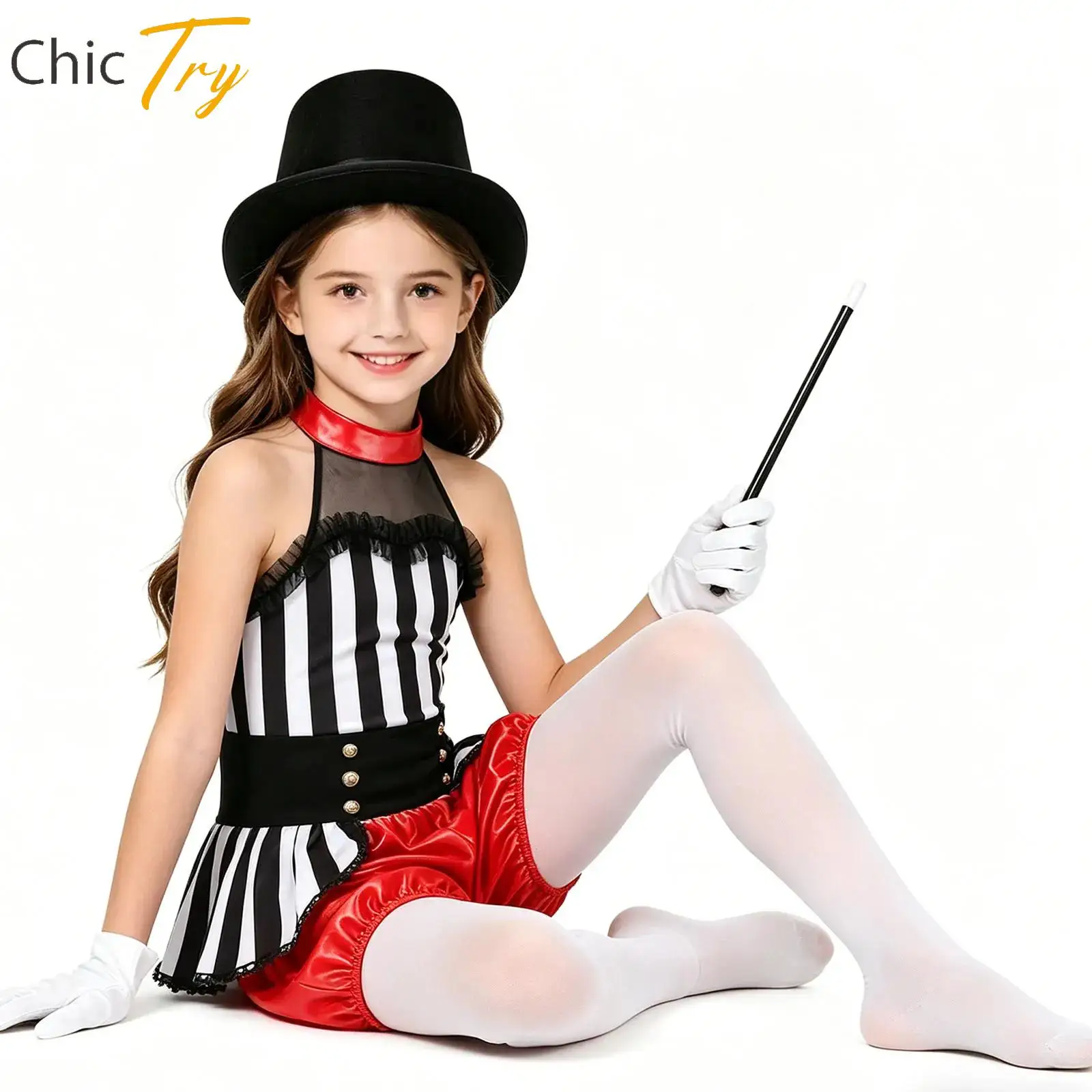 

Girls Circus Ringmaster Magician Costume Halloween Party Leotard Fancy Dress Bodysuit Skirt+Hat+Gloves+Wand Cosplay Outfits