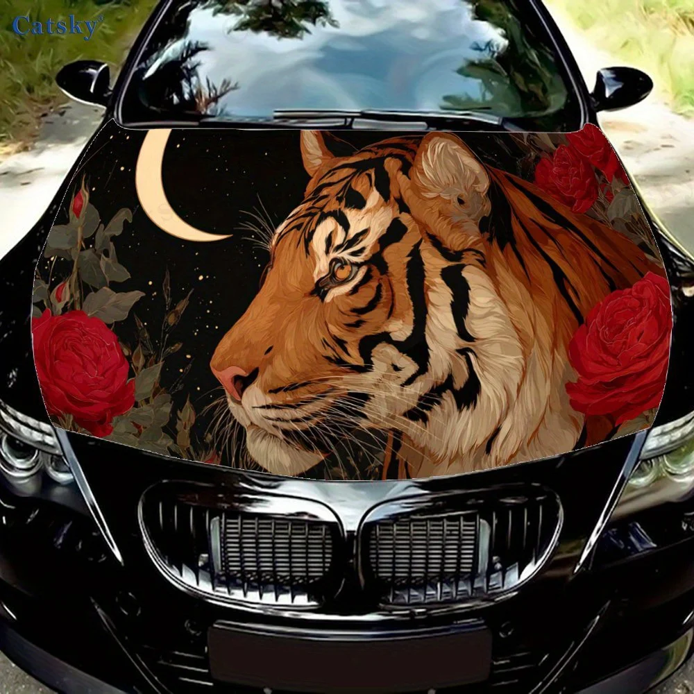 

Tiger, Red Roses, and Moon in a Night Scene Car Hood Sticker, Personalized & Trendy Auto Art Decal, Self-adhesive Waterproof Car