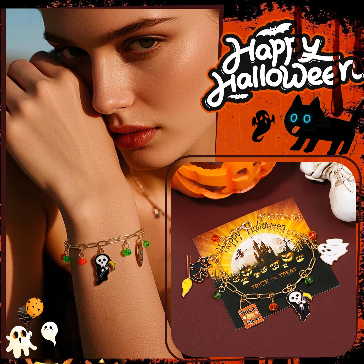 Pulseras con colgante de calabaza y calavera para mujer, serie de Halloween, divertido fantasma, araña, murciélago, cadena de Metal, pulsera con dijes, regalos de joyería para fiesta
