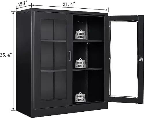 Black Metal Storage Cabinet with Doors and Shelves,36 inch Locking Display Cabinet with Acrylic Doors,Office Cabinets view 3