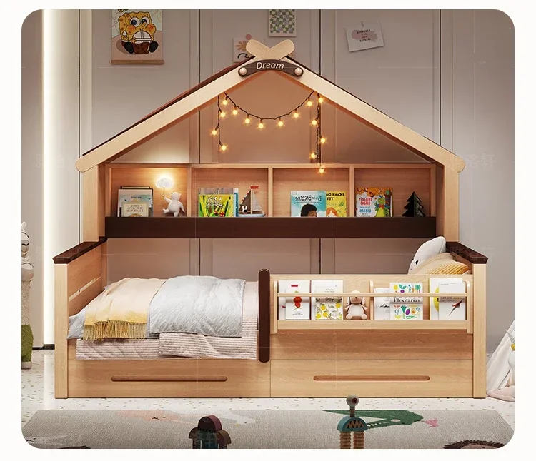 

Log color children's solid wood bed girl boy guardrail bed wardrobe integrated with drawers children tree house