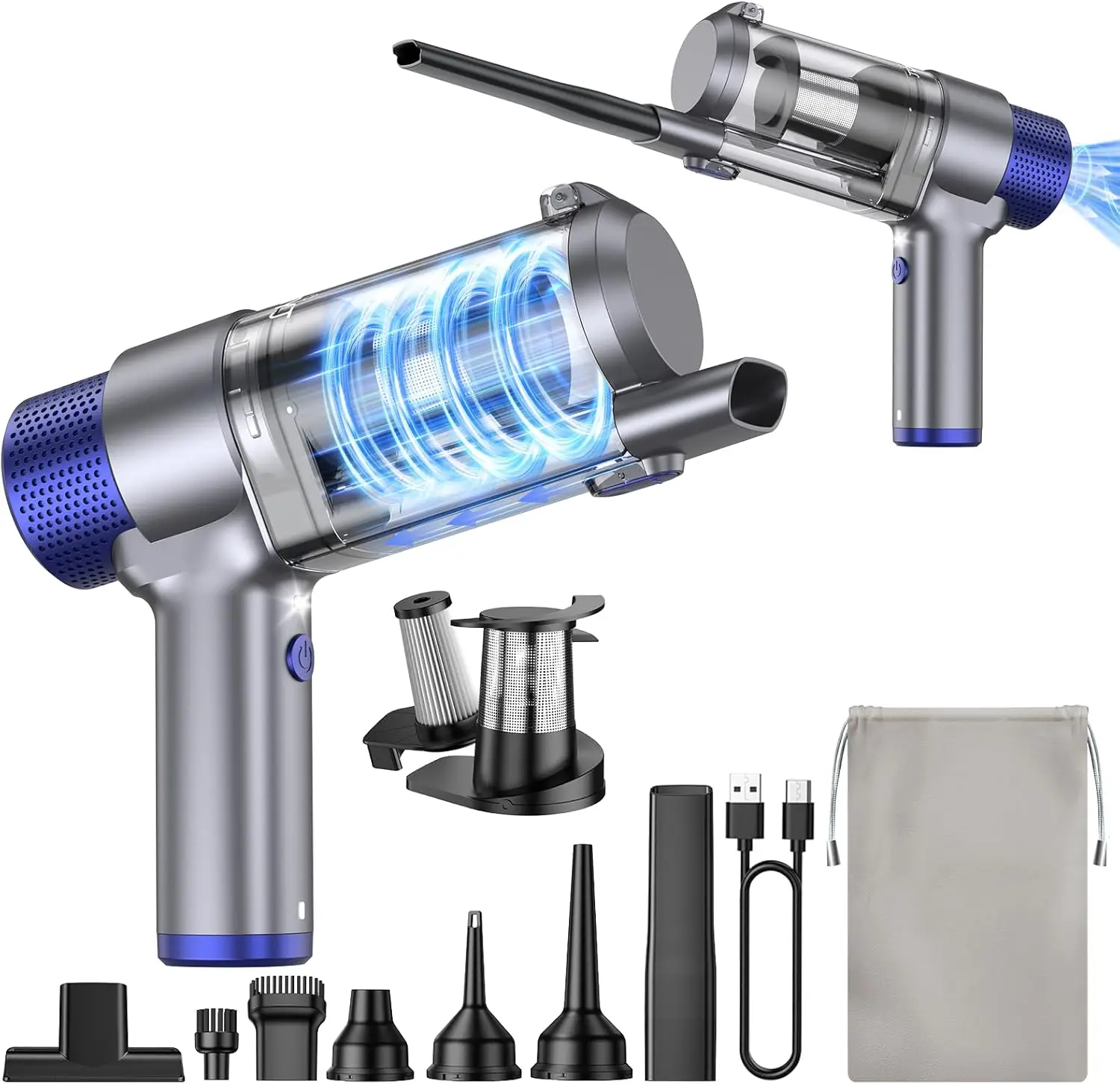 

Беспроводной ручной пылесос 16000PA, портативный 2-в-1: воздуходувка и мини-пылесос для дома, офиса, автомобиля, уборки шерсти животных, с LED-подсветкой