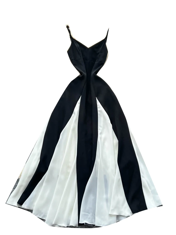 فستان أنيق بألوان أسود وأبيض متباينة مع حمالات، تنورة نسائية عالية الخصر على شكل حرف A، أكمام قصيرة، أسلوب عملي، موضة كورية