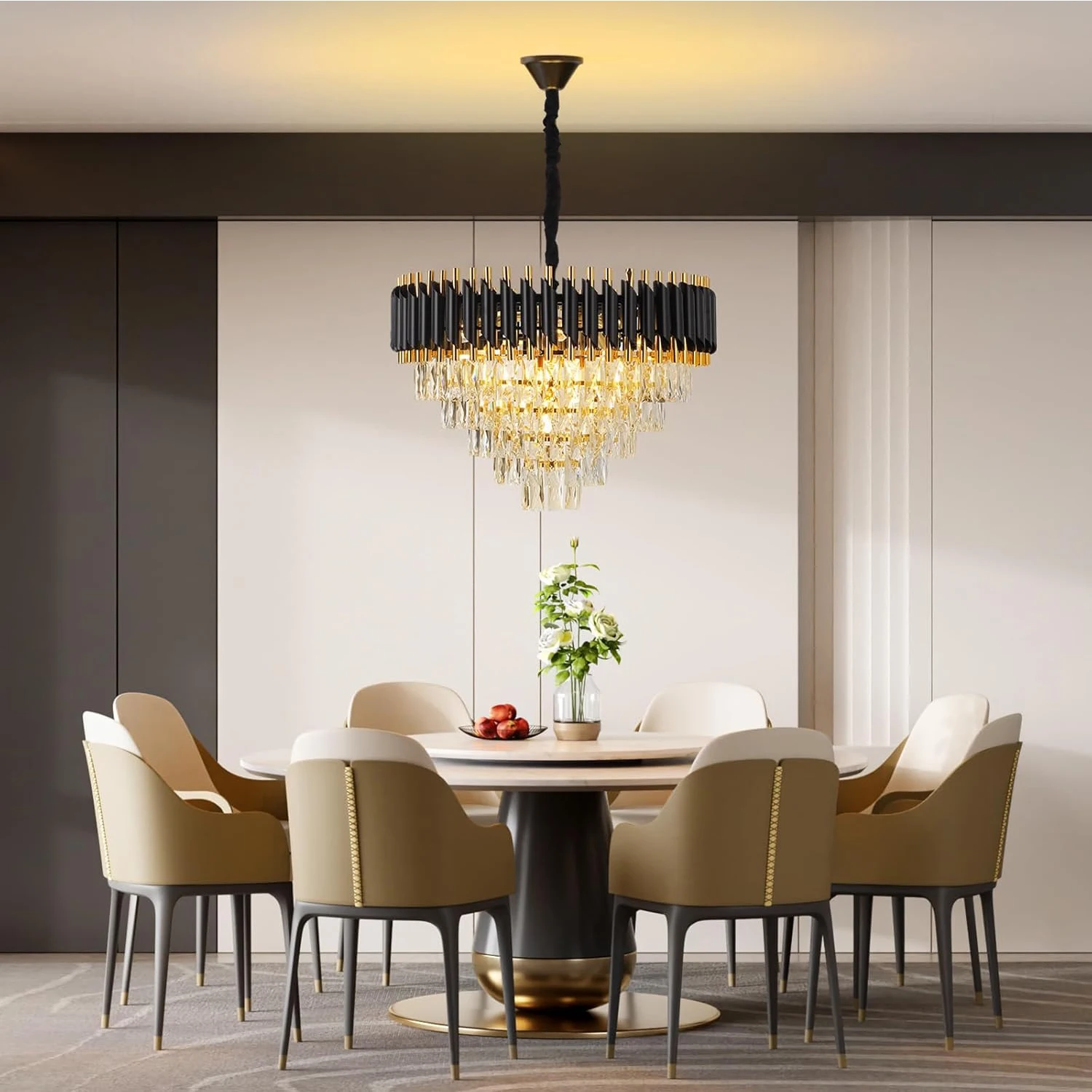 

Modern Chandelier, Gold Black Crystal Chandeliers, Crystal Round Hanging Crystal Pendant Light Fixture, For Home Room Decor