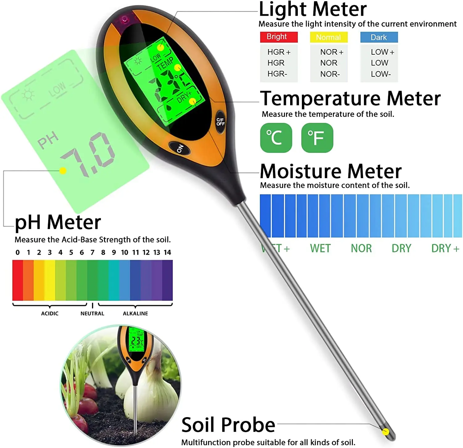 Digital 4/5 In 1 misuratore di PH del suolo misuratore di umidità temperatura Tester di luce solare per piante da giardinaggio agricoltura con Blacklight