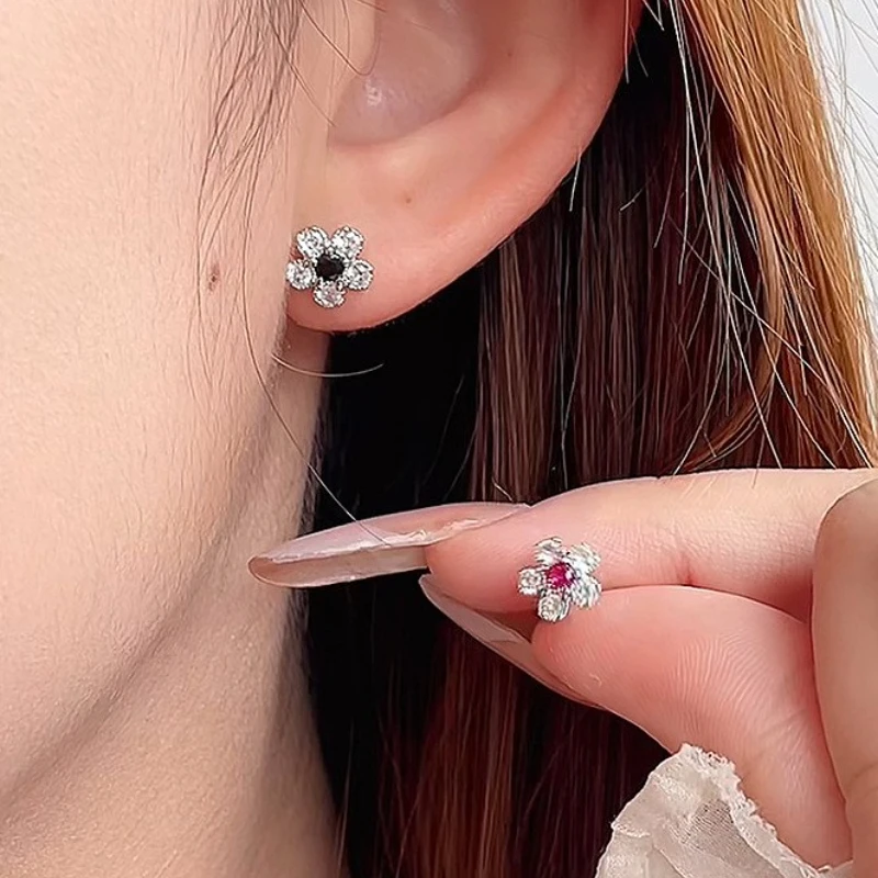 

925 Sterling Silver Geometric Plum Blossom Zircon Plant Stud Earring for Women Fine Jewelry High Luxury Vintage Accessories