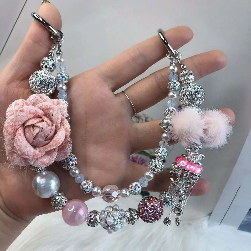 Blingbling Rhinestone Phone Chain Flower Double Strand Beaded Cell Phone Lanyard Tassel Handheld Camellia Key Chain