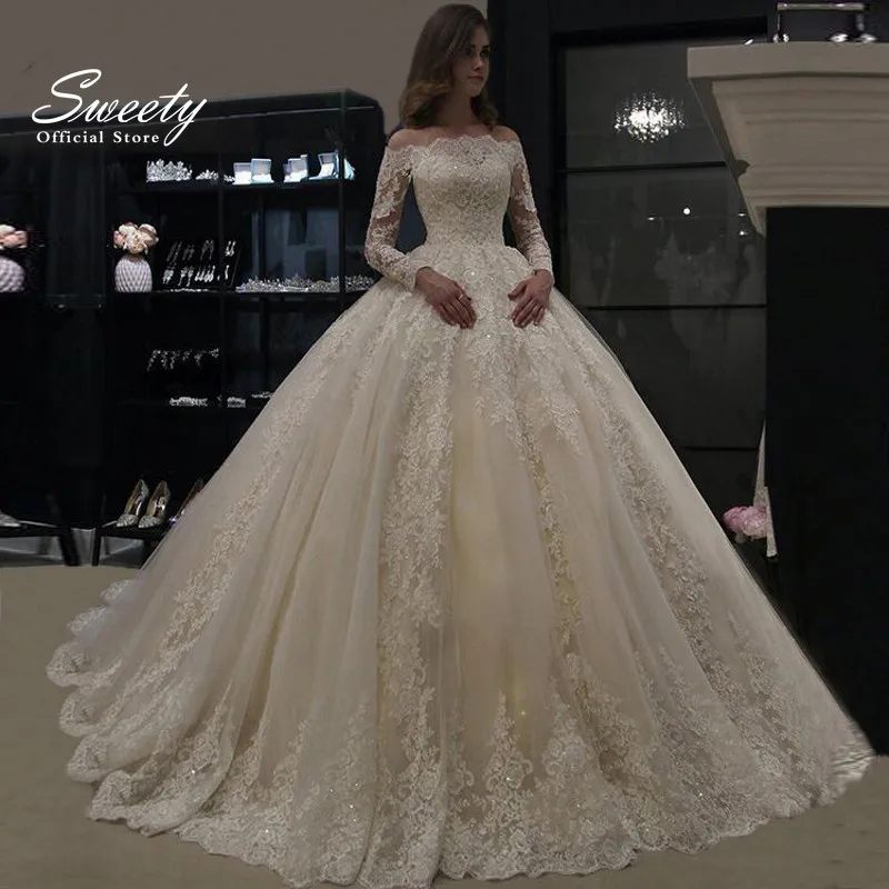 Elegant Wedding Dress Organza With Embroidery Lace Princess Ball Gown Boat Neck Full Sleeve Button Vestido De Novia Customized