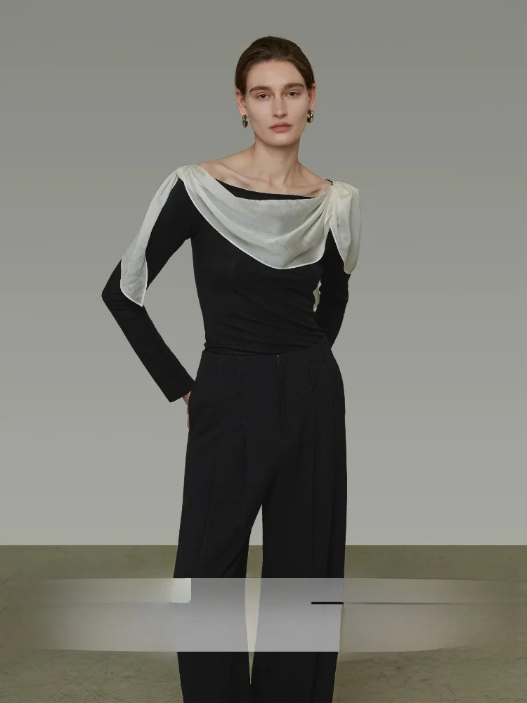 

Unspoken Color Block Knitted Top Women's Shoulder Bared Long Sleeve One-Shoulder Design Slimming Effect Vintage Commute Style