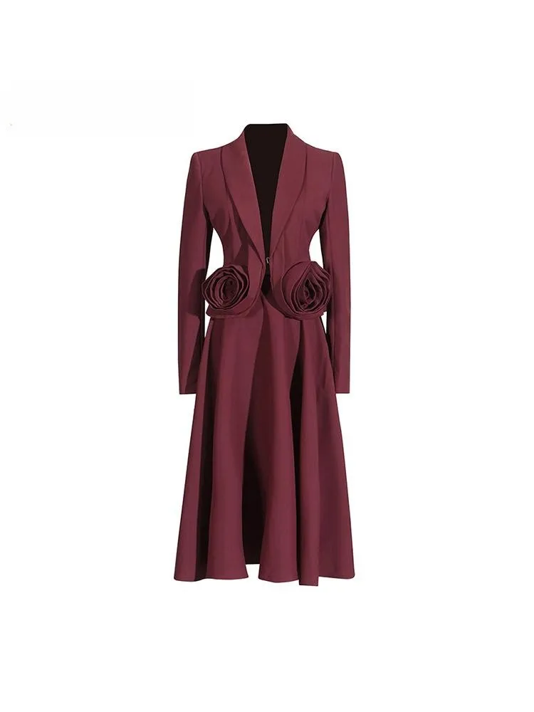 

Solid Burgundy Two Piece Set For Women Lapel LongSleeve Spliced Appliques Coats High Waist A Line Skirt Set Femaleпиджак