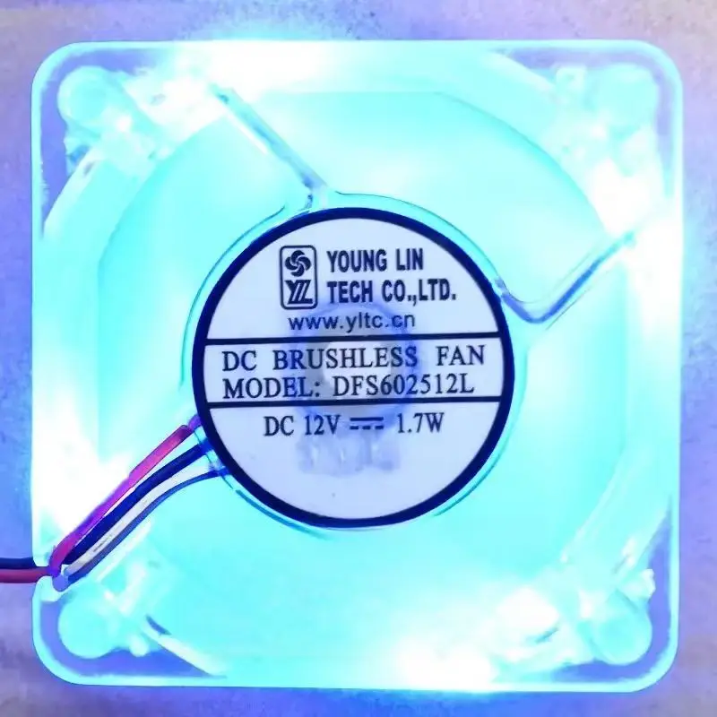 for Young Lin DFS602512L 60mm Blue LED Axial Cooling Fan - 12V 1.7W, Mute Quiet Operation, Two-Wire Interface
