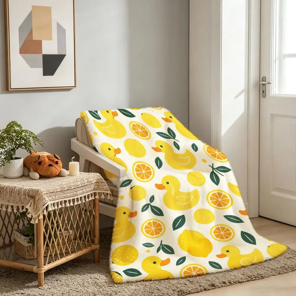 Cute Yellow Duck and Lemon Print Throw Blanket Cozy Nursery Decor Baby Shower Gift for Kids Room