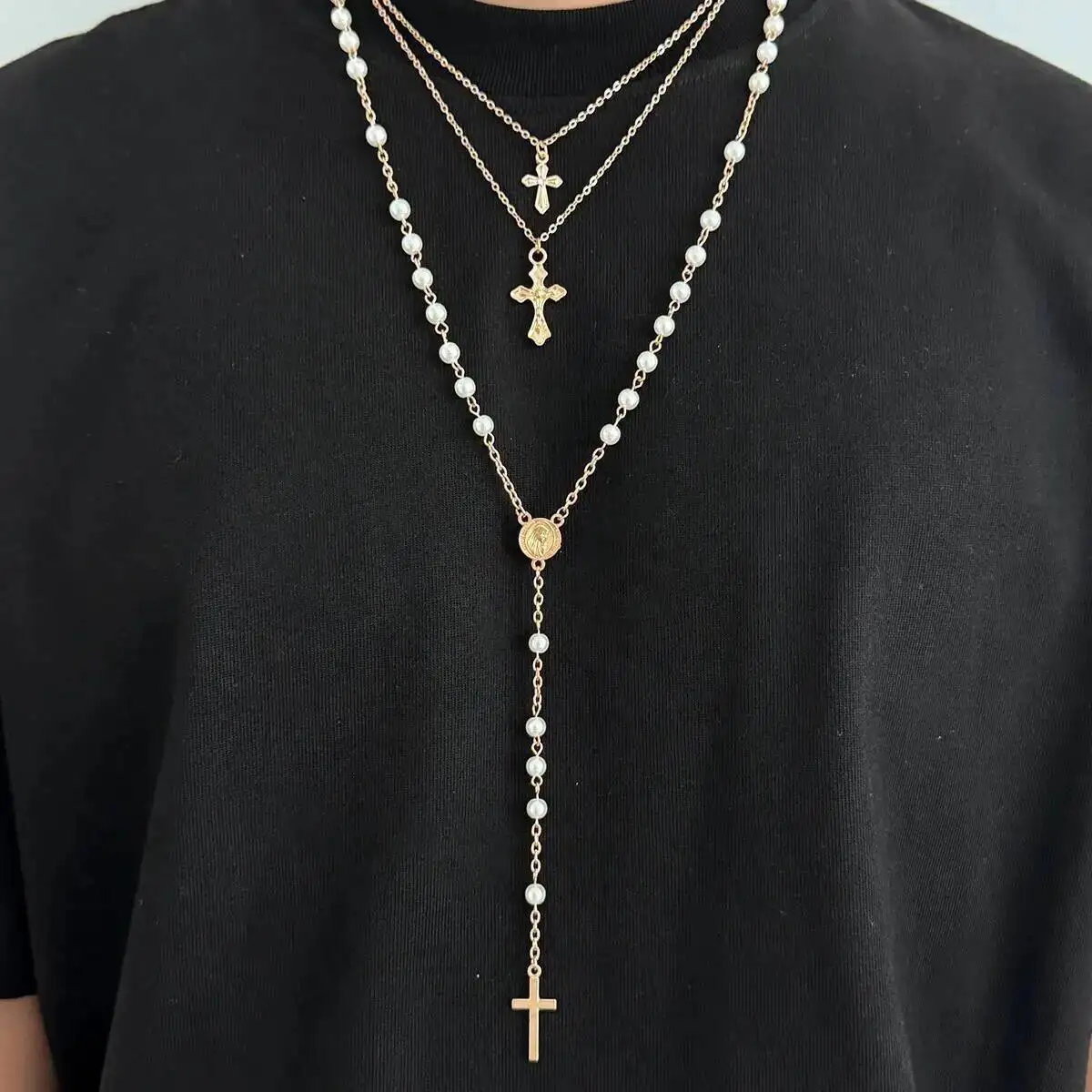 

IngeSight.Z 3Pcs/Set Hip Hop Punk Cross Jesus Pendant Necklace Men Trendy Elegant Imitation Pearl Chain Party Jewelry Male Gifts