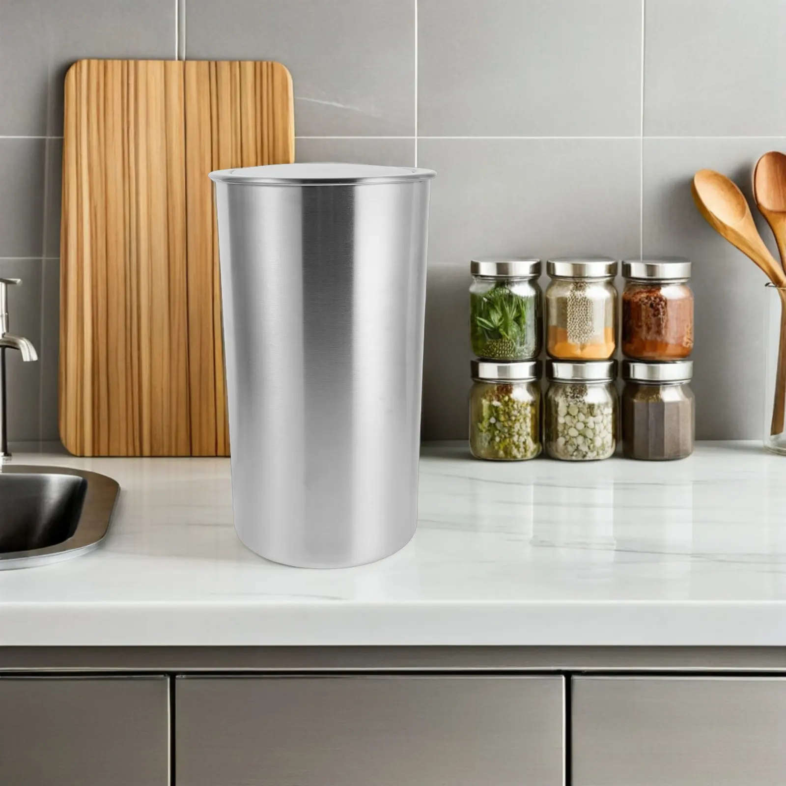 5.5L Stainless Steel Built-in Trash Can Round Swing Top Counter Embedded Trash Basket Kitchen Cabinet Bathroom