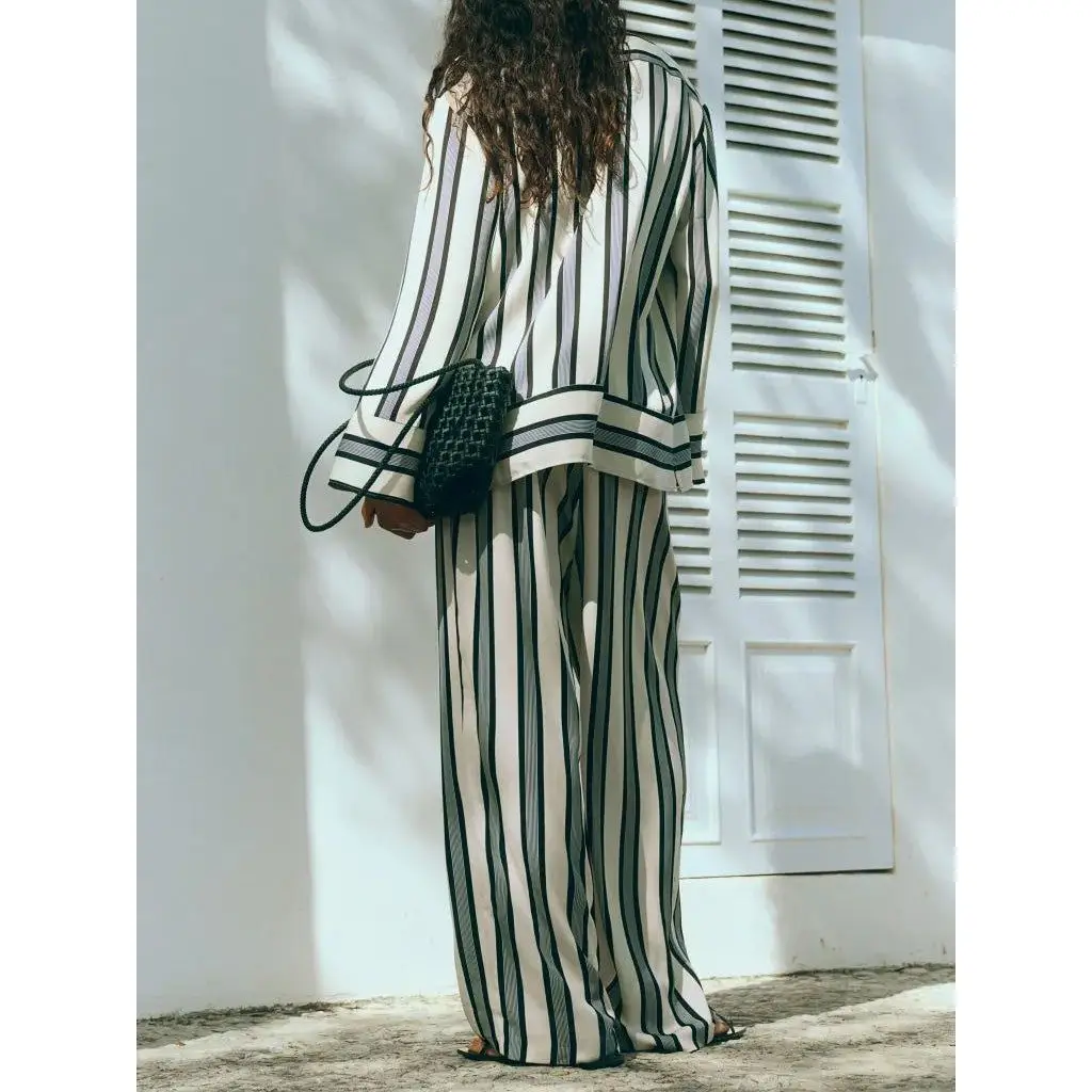 HEZIOWYUN Women 2Pcs Y2K Stripe Print Satin Loungewear Pjs Set Long Sleeve Lapel Button Down Tops+Drawstring Elastic Waist Pants