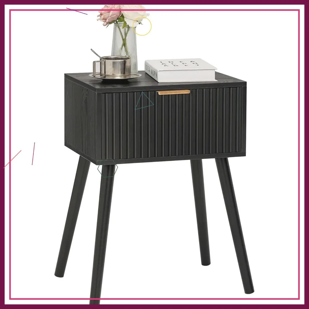 

Modern Black Nightstand with Fluted Drawer, Small End Table for Bedroom Living Room Space Saving Furniture