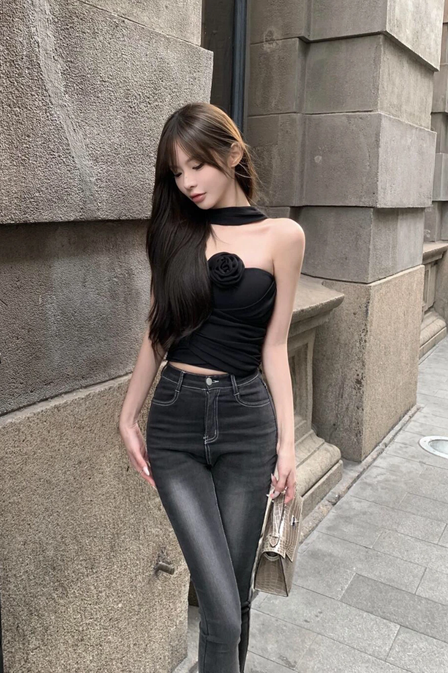 

Женские джинсы-карандаш с высокой талией, облегающие, с эффектом потертости, модные, черные, укороченные, на молнии