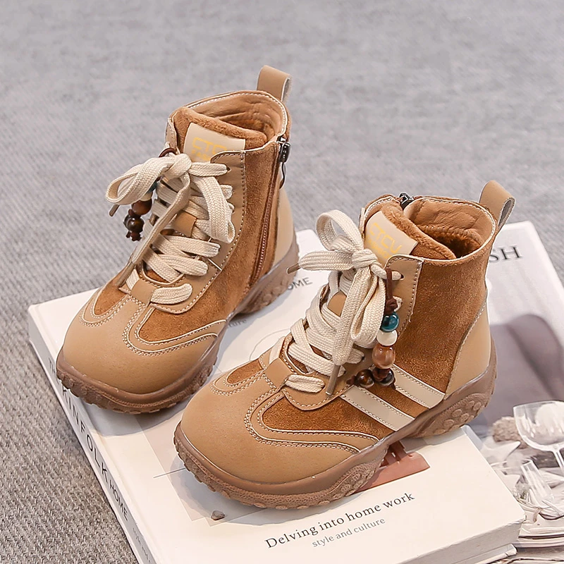 Children Casual Boots Suede Warm Striped Kids Short Boots with Side Zipper 2025 Winter New Boys Girls Leather Boots Round Toes