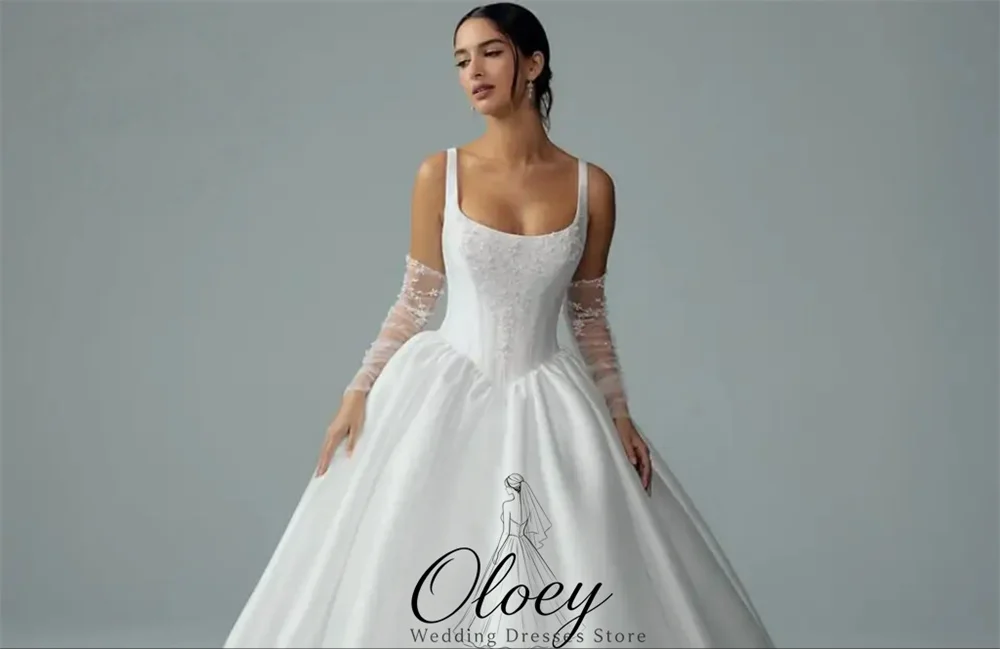OLOEY Classic Square Neck Lace Applique Wedding Dresses For Woman A-Line Satin Beach Bridal Gown Customized Vestidos De Novia