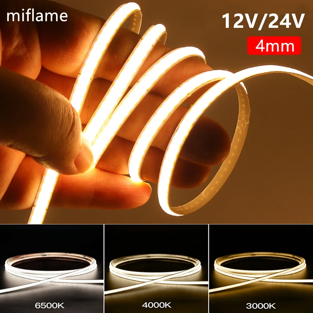 

4mm COB LED Strip Light Flexible 12V 24V 480LEDs/m Warm White 3000K 4000K 6500K Cool White Tape for Home Kitchen Car Decoration