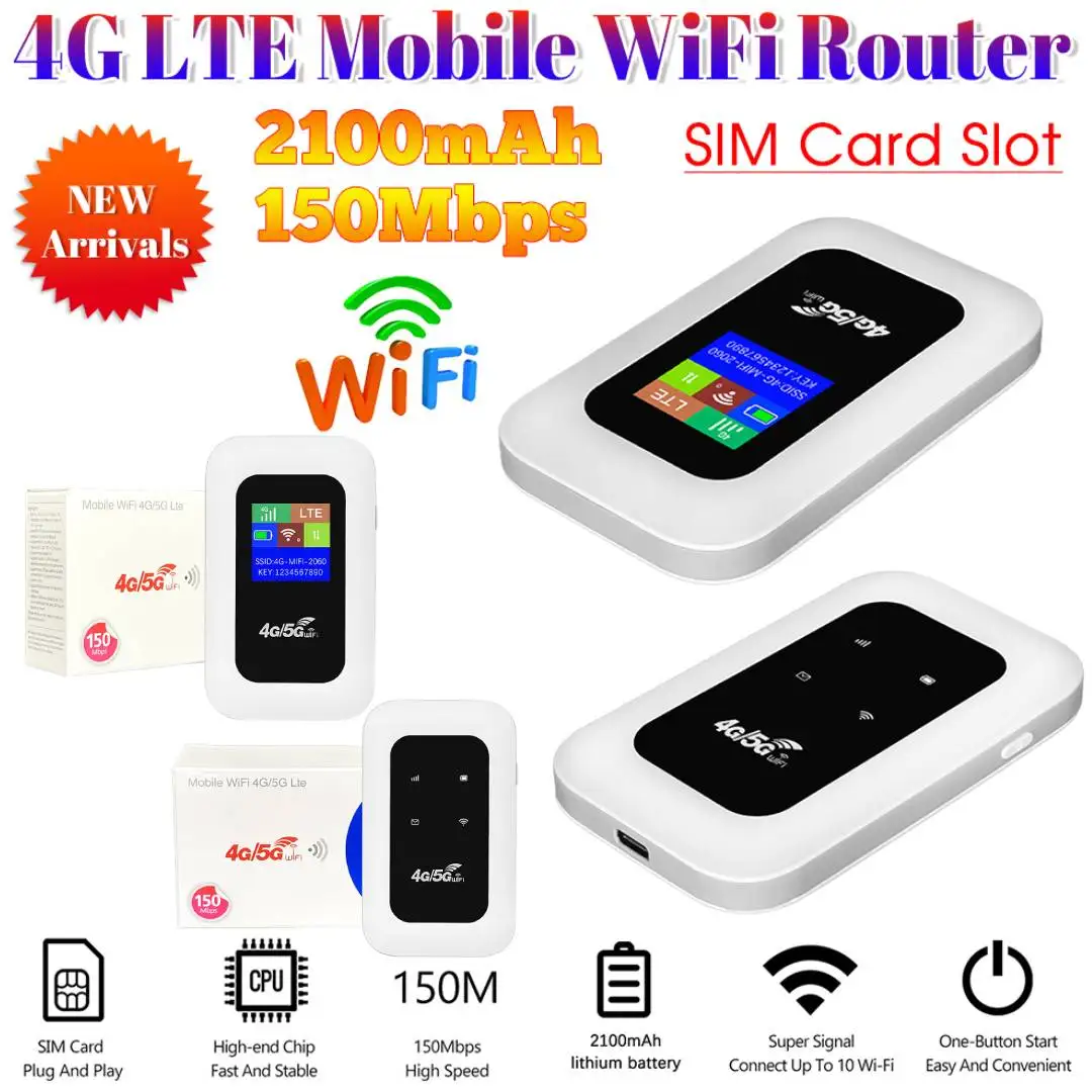 4G LTE 모바일 와이파이 라우터 (SIM 카드 슬롯 포함) 150Mbps 휴대용 와이파이 라우터 2100mAh 무선 와이파이 모뎀 (가정 및 사무실용)
