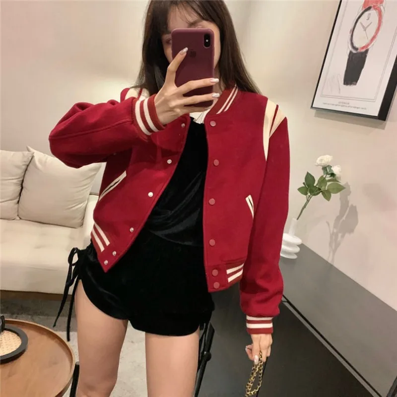 Streetwear Red Bomber Jacket Women Sweatshirt Baseball Jersey Stand Collar Coat Loose Outerwear Long Sleeve Harajuku Crop Top