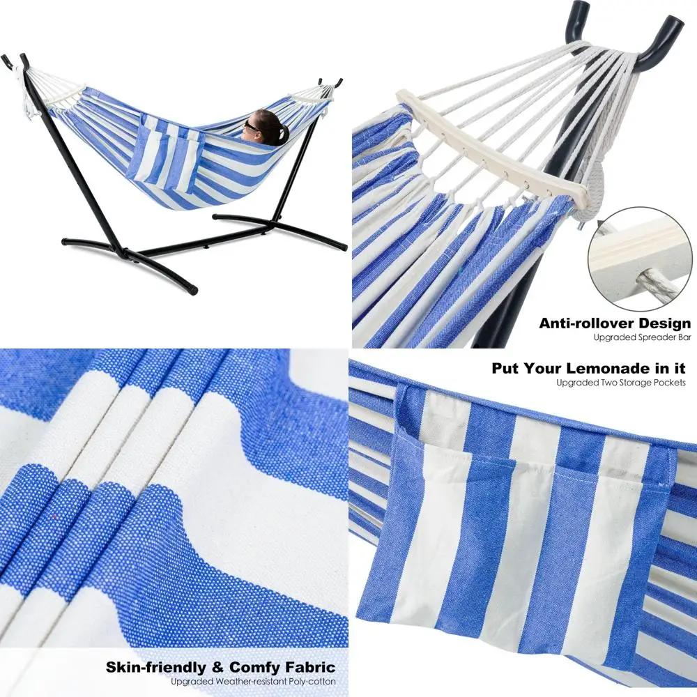 

Heavy Duty Outdoor 2 Person Hammock with Stand, Upgraded Spreader Bar, Space Saving Steel Frame, Convenient Pockets, Comfortable