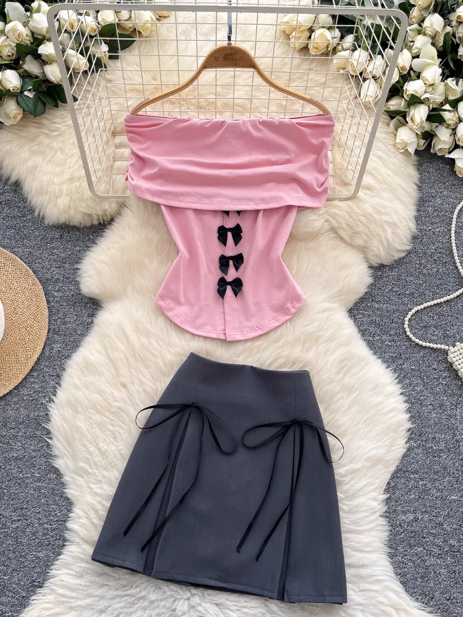 

Foamlina Dopamine Y2K Bow Shoulder Top + High Waist Skinny Mini Skirt Two Piece Set Women's Summer Spice Girl Outfits