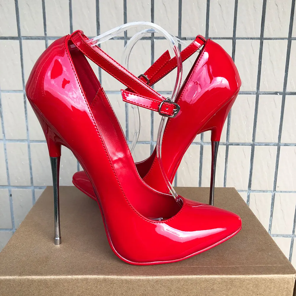 Heelgoo 16cm Extremely High Heel Women Sexy Ankle Buckle Strap Stiletto Pumps Plain Red Drag Queen Crossdresser Shoes Size 35-46