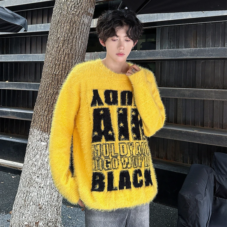 

Американский ретро мягкий ленивый трикотаж Feng ui из норки с надписью, мужской свободный топ, модный модный повседневный длинный свеч из полиэфирного волокна...