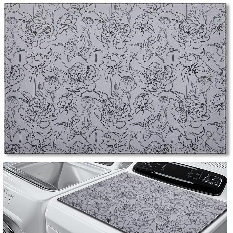 VIKAMA Charcoal Peony Sketch Washing Machine Top Mat Grey Ink Drawing Blossom Botanical Water Resistant Non Slip Kitchen Balcony