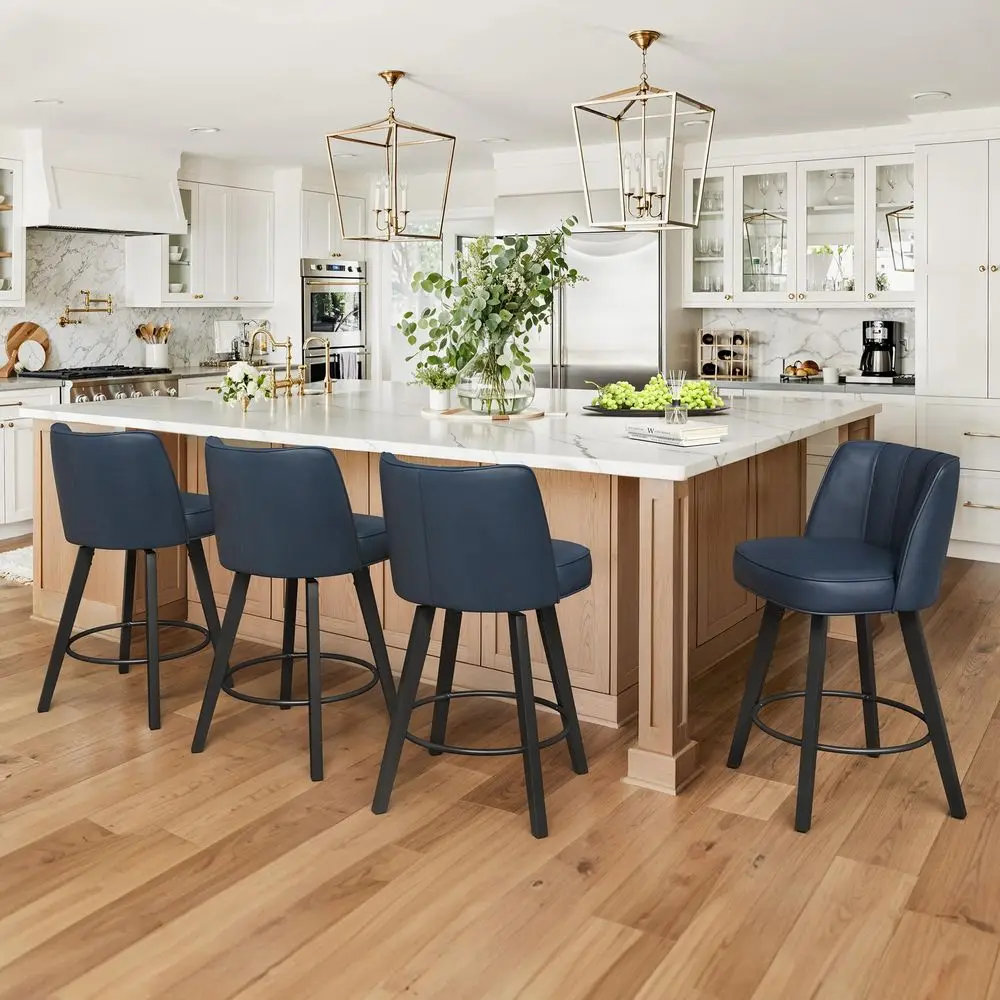 

360degree Swivel Bar Stools Set of 4, 26 Counter Height Bar Stools with High Back and Wood Legs, Morden Faux Leather Upholstere