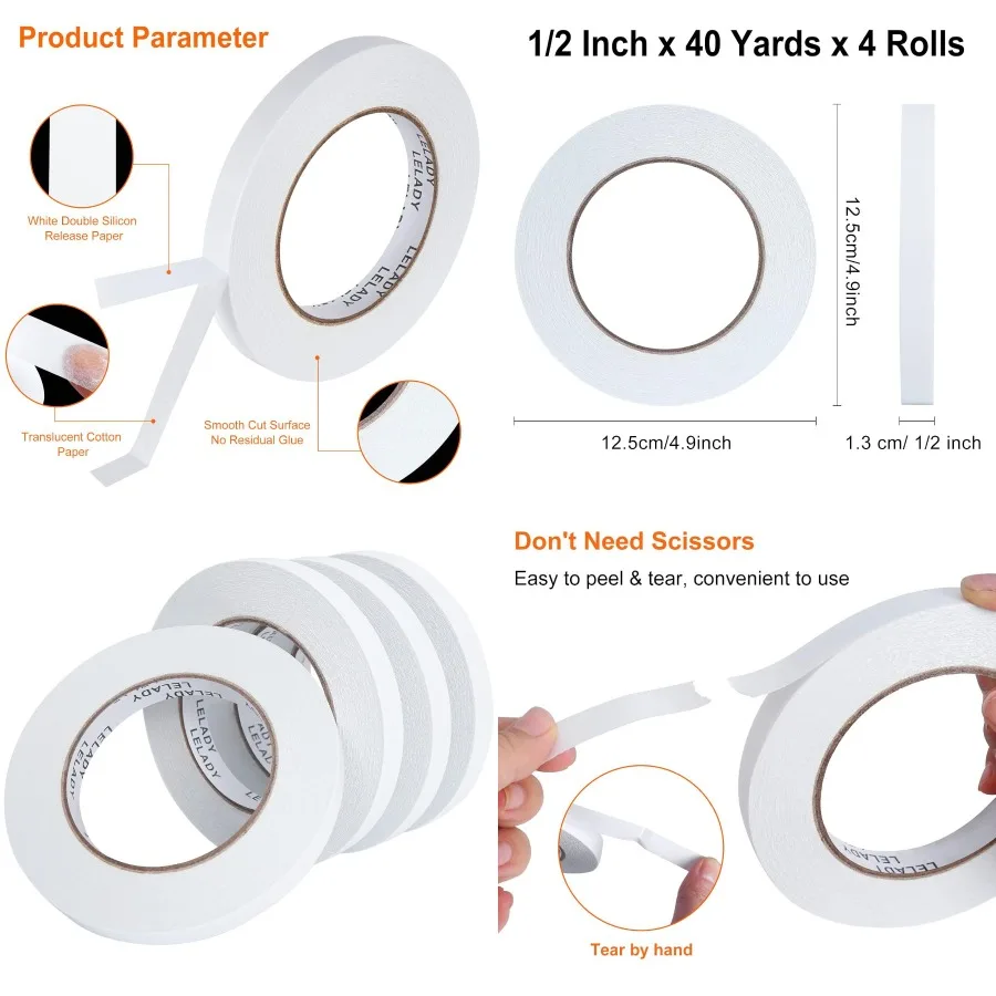 

Double Sided Tape 1/2 Inch x 40 Yards - 4 Rolls High Adhesive Double-Sided Sticky Tape for Arts and Crafts Office School and St
