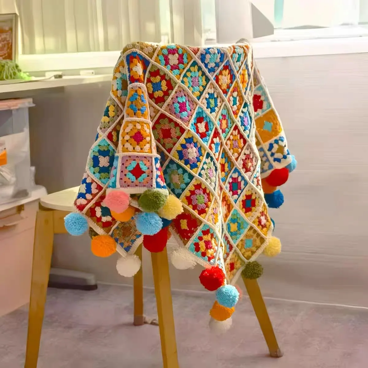 New Arrival Colorful Pom-poms Woven Blanket DIY Handmade Material Kit Self-made Yarn Throw Blanket