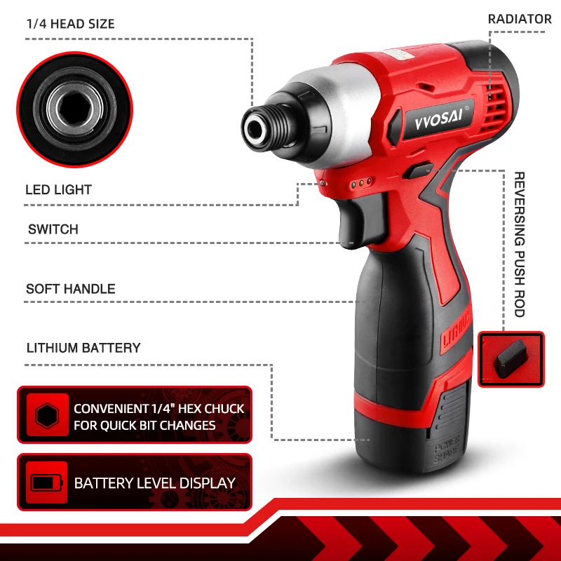 VVOSAI 16V Electric Drill Screwdriver 100N.m Impact Driver Cordless Drill Household Multifunction Hit Power Tools MT-SER