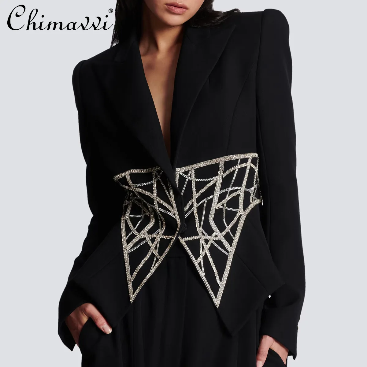 

Французский модный блейзер для женщин, осенний, с бисером и стразами, на одной застежке, с высокой талией, приталенный, элегантный, черный