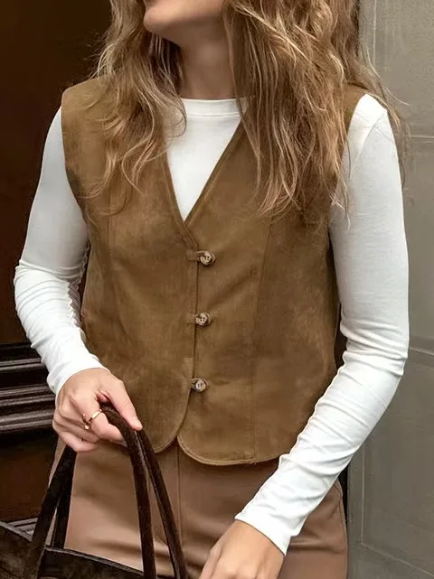 ファイオナブル Vネック スリム シングルボタン ベスト カーディガン レディース 通勤 スタイリッシュ 無地 カジュアル アウター トップス
