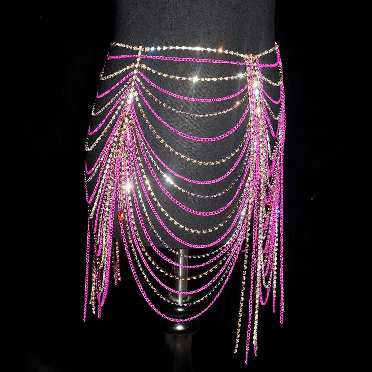 Shiny Women\'s Rhinestone Skirt Sexy  Luxurious Body  Jewelry Rose Red Wais stage Performance Music Festival Party  Costume Chain