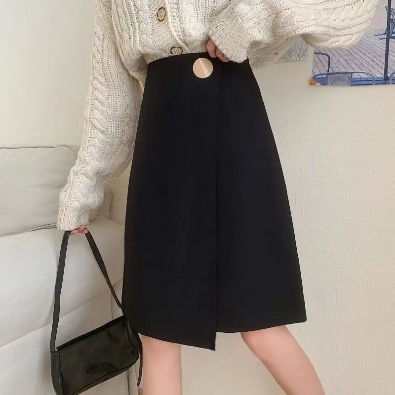 

Autumn and Winter Women's Solid Colors High Waist Loose Woolen Bag Hip A-Line Irregular Button Fashion Casual All-match Skirt